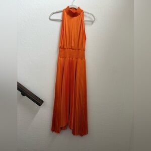 Pleated Orange Halter Midi Dress